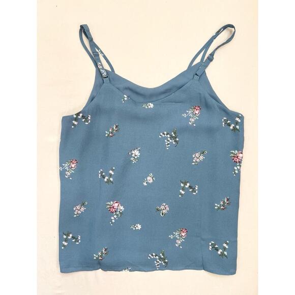 T TAHARI Camisole Blouse Size S Slate Blue Floral Print Spaghetti Strap Top - Picture 3 of 8
